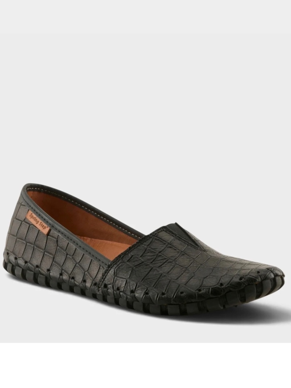 Women’s Black Leather Croc-Texture Slip-On Flats